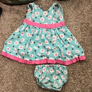 Sweet - blue dress with pink flowers and pink trimming and matching bloomers